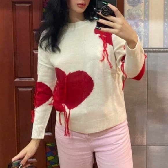 Love One Another Heart Pattern Fringe Trim Sweater - Picture 2 of 9